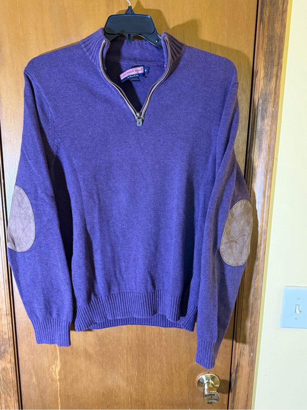 Vineyard Vines Purple Half-Zip Sweater with Tan Elbow Patches